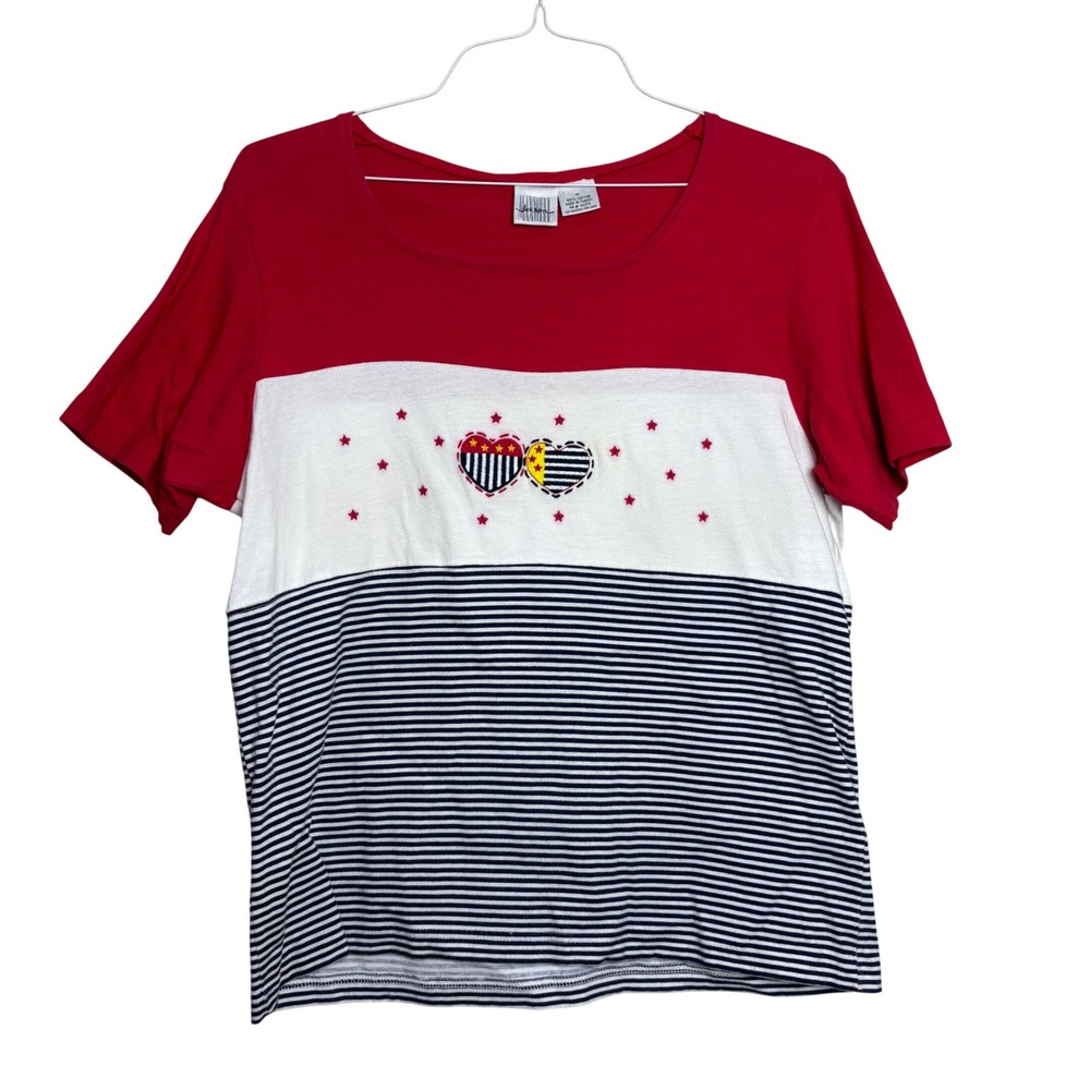 y2k Embroidered Patriotic Hearts Stars Striped T Shirt Red White Blue Womens M
